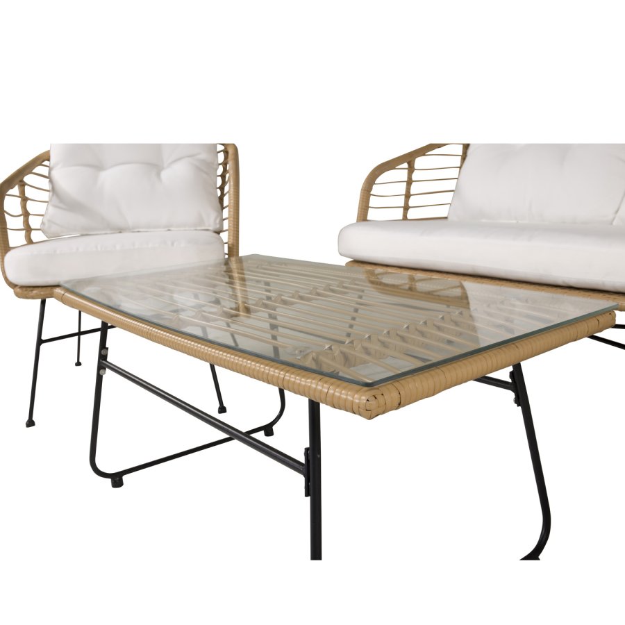 VENTURE DESIGN Viga hagesofasett, med hvite puter - glass, naturlig polyrattan og sort stl