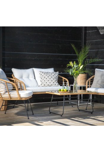 VENTURE DESIGN Viga hagesofasett, med hvite puter - glass, naturlig polyrattan og sort stl