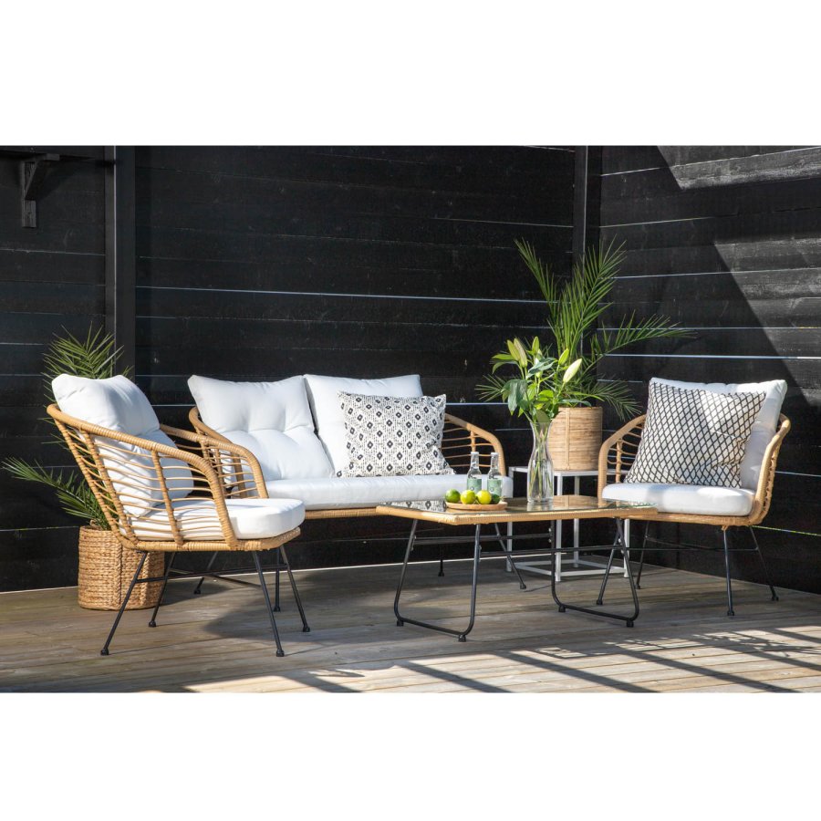VENTURE DESIGN Viga hagesofasett, med hvite puter - glass, naturlig polyrattan og sort stl