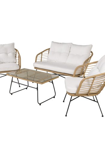 VENTURE DESIGN Viga hagesofasett, med hvite puter - glass, naturlig polyrattan og sort stl