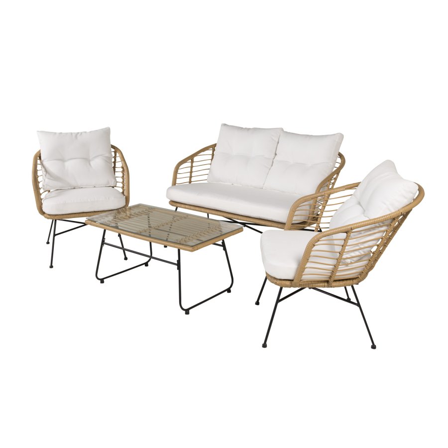 VENTURE DESIGN Viga hagesofasett, med hvite puter - glass, naturlig polyrattan og sort stl