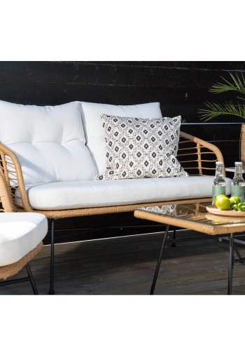 VENTURE DESIGN Viga hagesofasett, med hvite puter - glass, naturlig polyrattan og sort stl