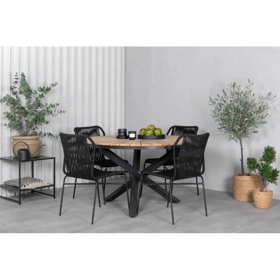 VENTURE DESIGN Julian Gartenstuhl, mit grauem Kissen – schwarzem Seil und Stahl