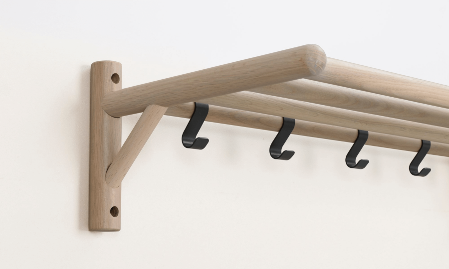 ROWICO rektangulr Milford hattehylde m. 5 knager - hvidvasket eg og sort metal (80cm)