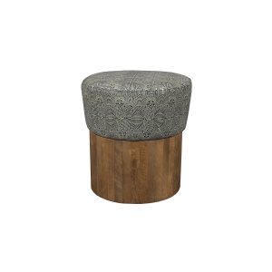 DUTCHBONE Fragment skammel, rund - gr grafisk print stof og valnddefarvet mangotr (