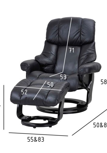 Crown recliner stol - sort lder, inkl. fodskammel