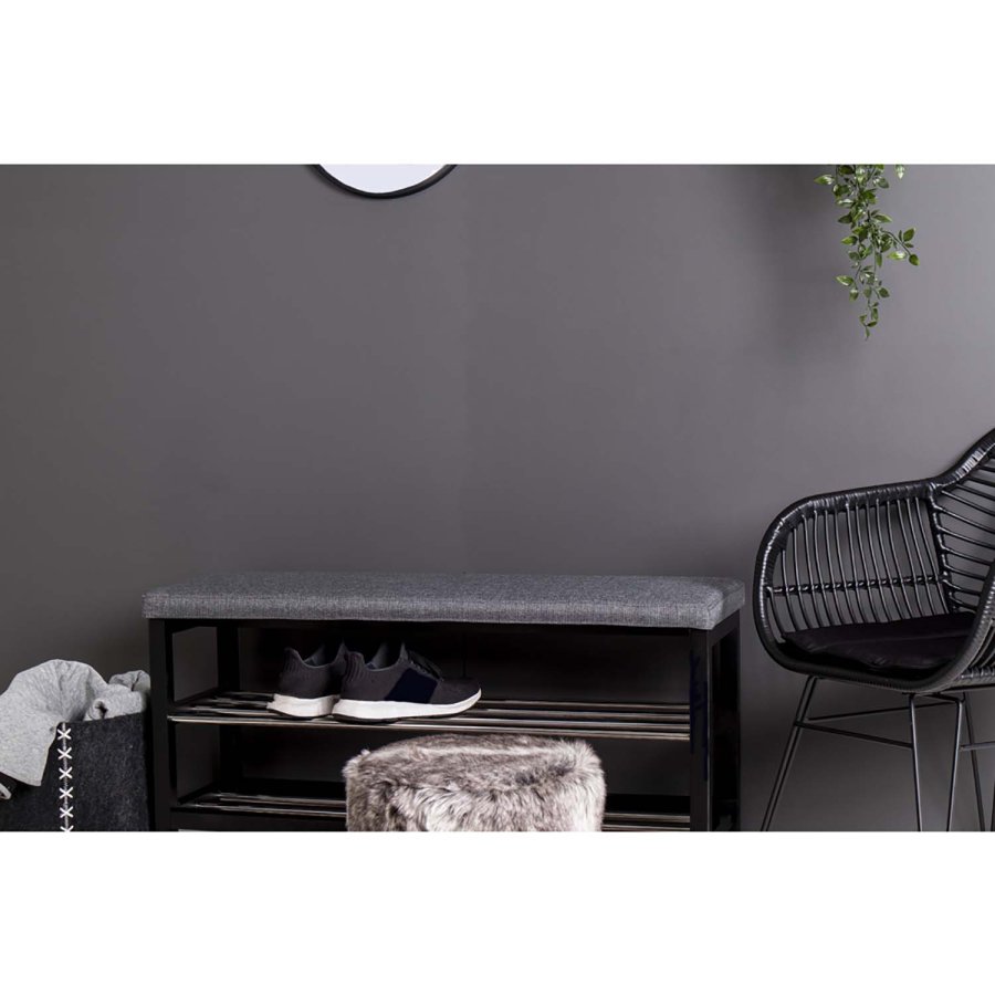 HOUSE NORDIC Padova benk, med pute og 2 hyller - gr polyester, svart tre og stl