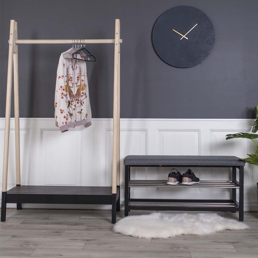 HOUSE NORDIC Padova benk, med pute og 2 hyller - gr polyester, svart tre og stl