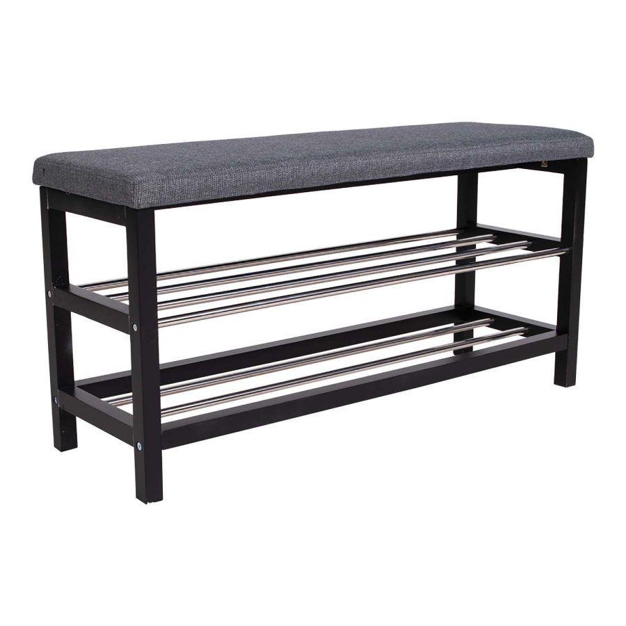 HOUSE NORDIC Padova benk, med pute og 2 hyller - gr polyester, svart tre og stl