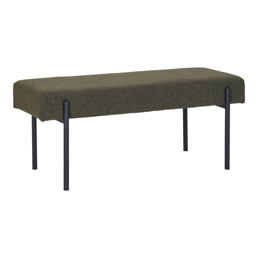 HOUSE NORDIC Swindon benk, rektangulr - mrkegrnn bouclé polyesterstoff og svart stl (100x36)