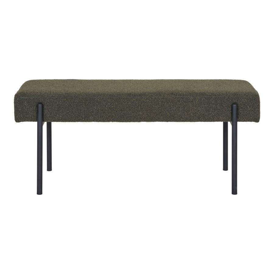 HOUSE NORDIC Swindon benk, rektangulr - mrkegrnn bouclé polyesterstoff og svart stl (100x36)