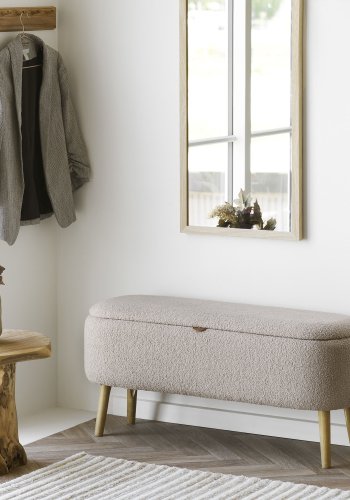 HOUSE NORDIC Harlow b&auml;nk, med f&ouml;rvaring - beige boucl&eacute; polyester och naturtr&auml; (95x37)