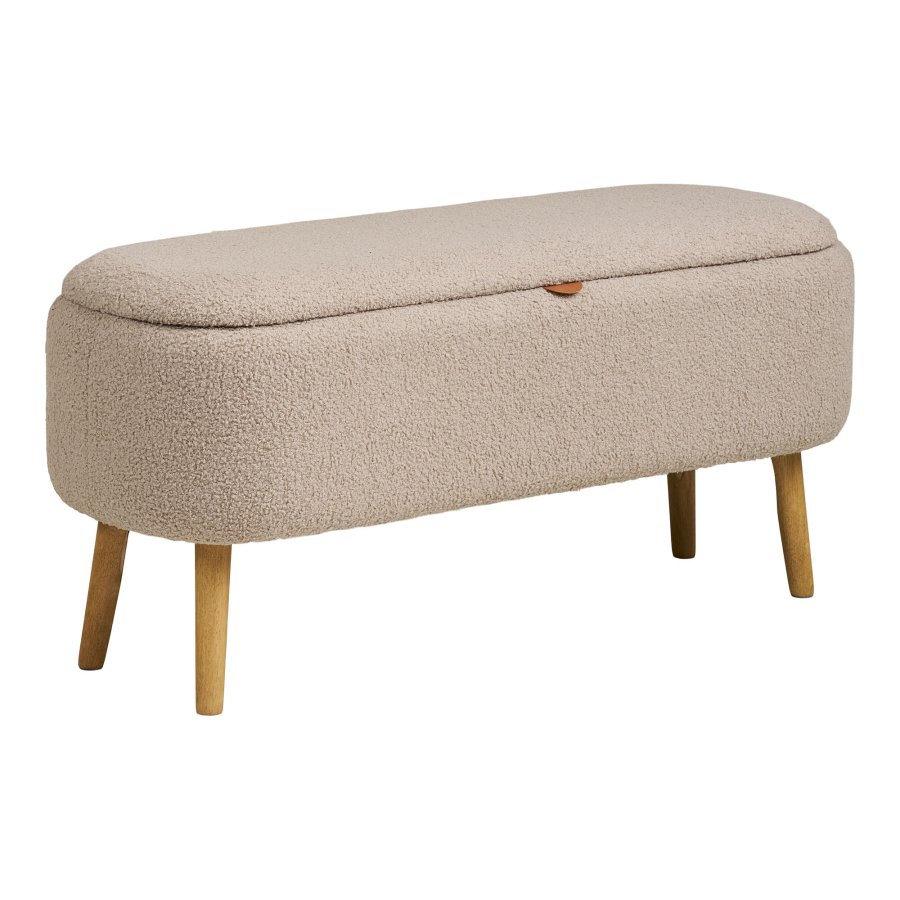 HOUSE NORDIC Harlow b&auml;nk, med f&ouml;rvaring - beige boucl&eacute; polyester och naturtr&auml; (95x37)