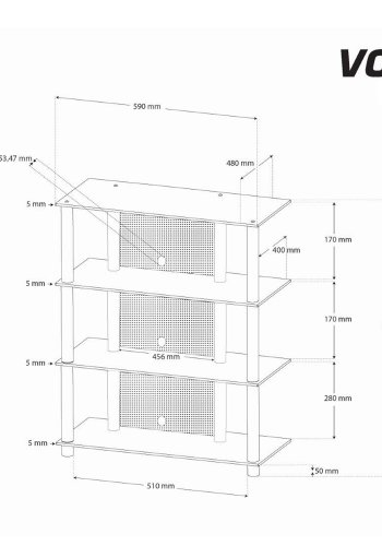  Bilus Hifi reol, m. 4 hyller - glass og gr aluminium