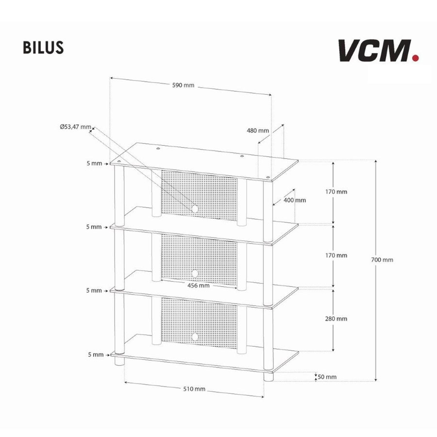  Bilus Hifi reol, m. 4 hyller - glass og gr aluminium