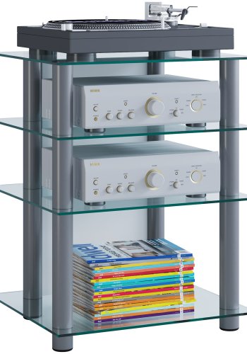  Bilus Hifi reol, m. 4 hyller - glass og gr aluminium