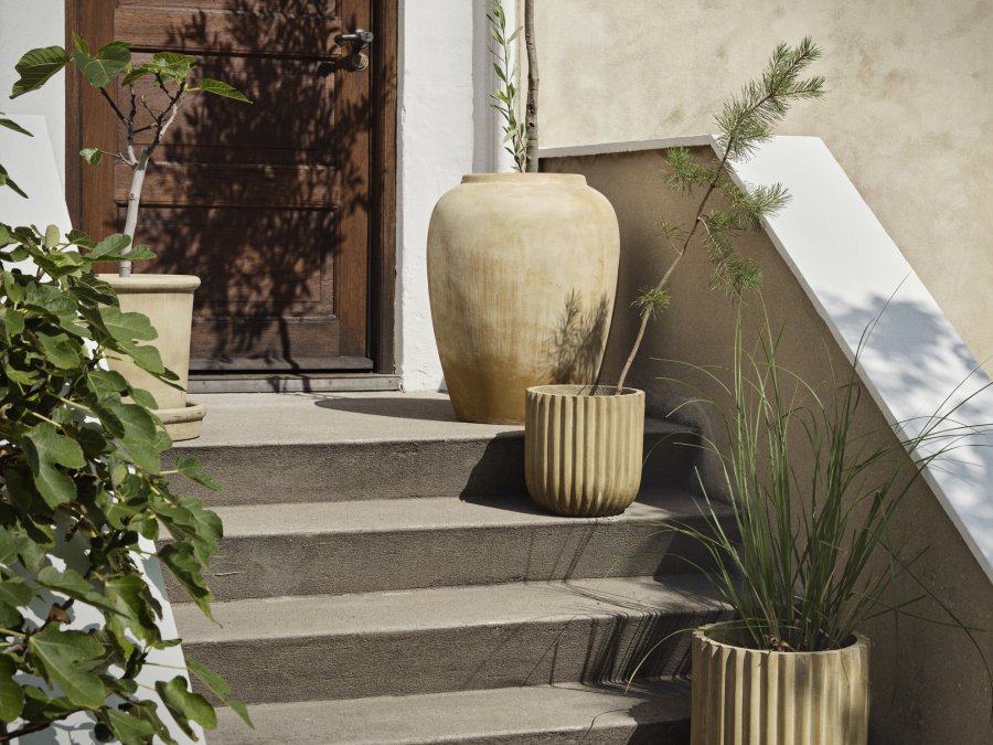 BROSTE COPENHAGEN Fiber utepotte, rund - antikk beige fibersement (sett med 2)