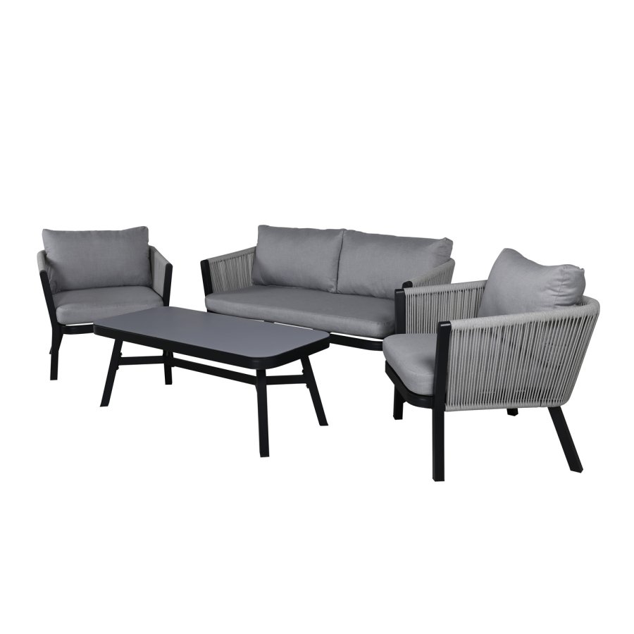 VENTURE DESIGN Virya loungesett (3+2+1) - gr puter, glass, grtt tau og svart aluminium