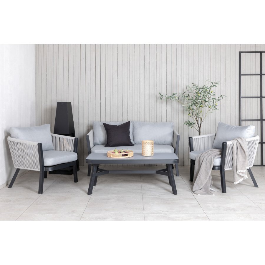 VENTURE DESIGN Virya loungesett (3+2+1) - gr puter, glass, grtt tau og svart aluminium