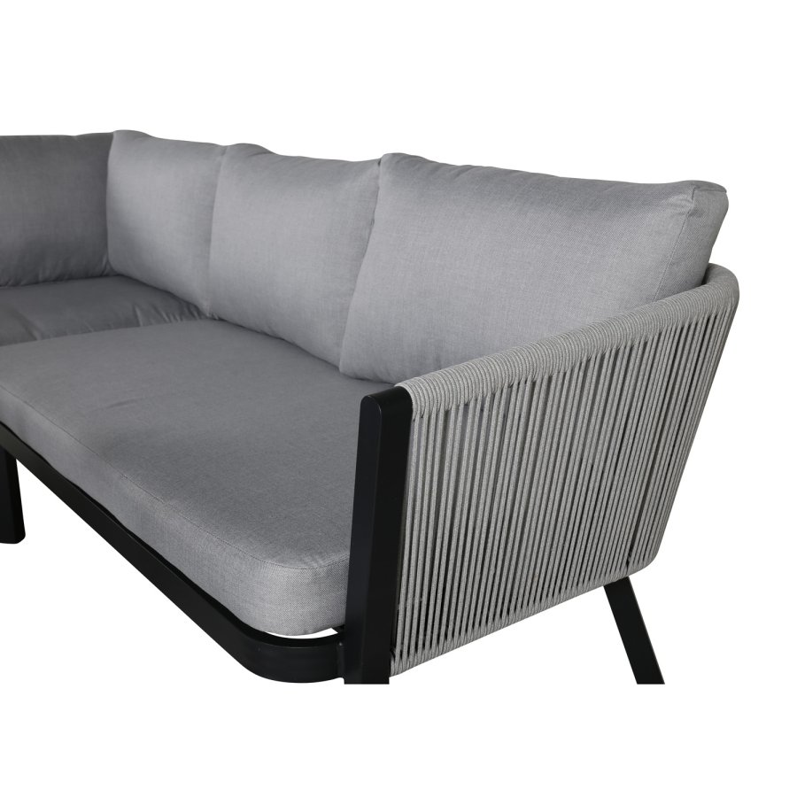 VENTURE DESIGN Virya hjrnesofasett - gr puter, glass, grtt tau og svart aluminium