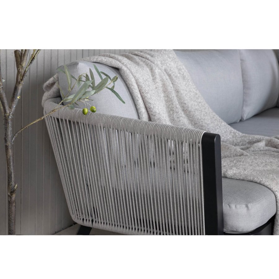 VENTURE DESIGN Virya hjrnesofasett - gr puter, glass, grtt tau og svart aluminium