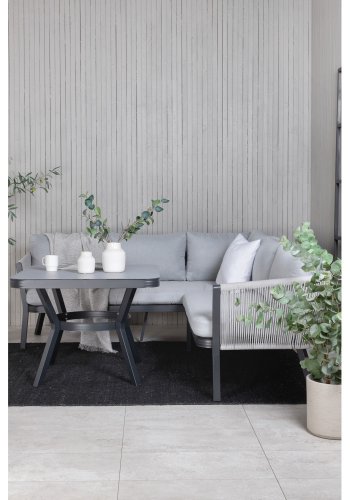 VENTURE DESIGN Virya hjrnesofasett - gr puter, glass, grtt tau og svart aluminium