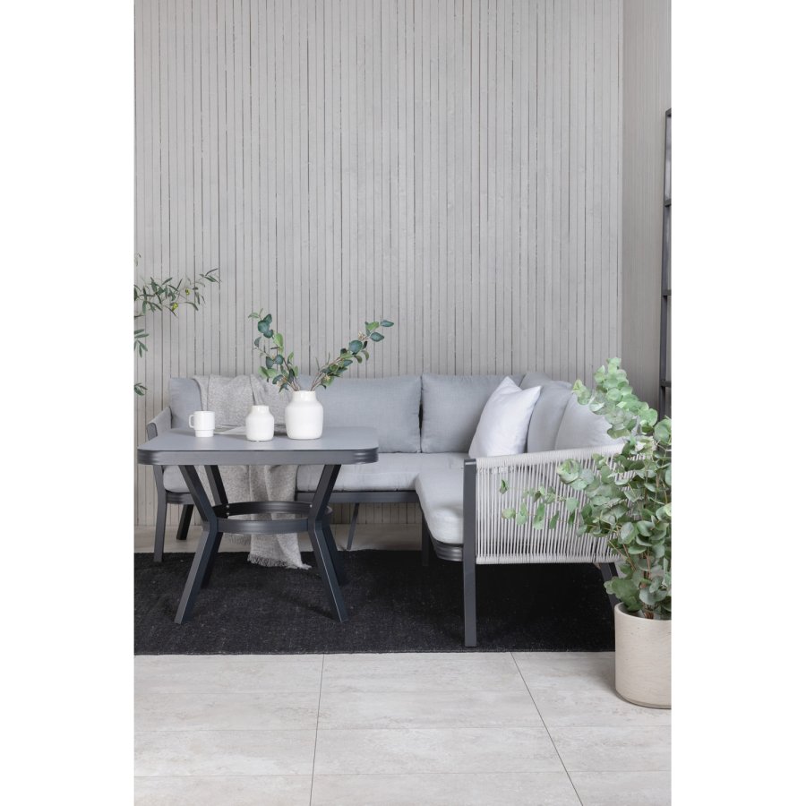 VENTURE DESIGN Virya hjrnesofasett - gr puter, glass, grtt tau og svart aluminium