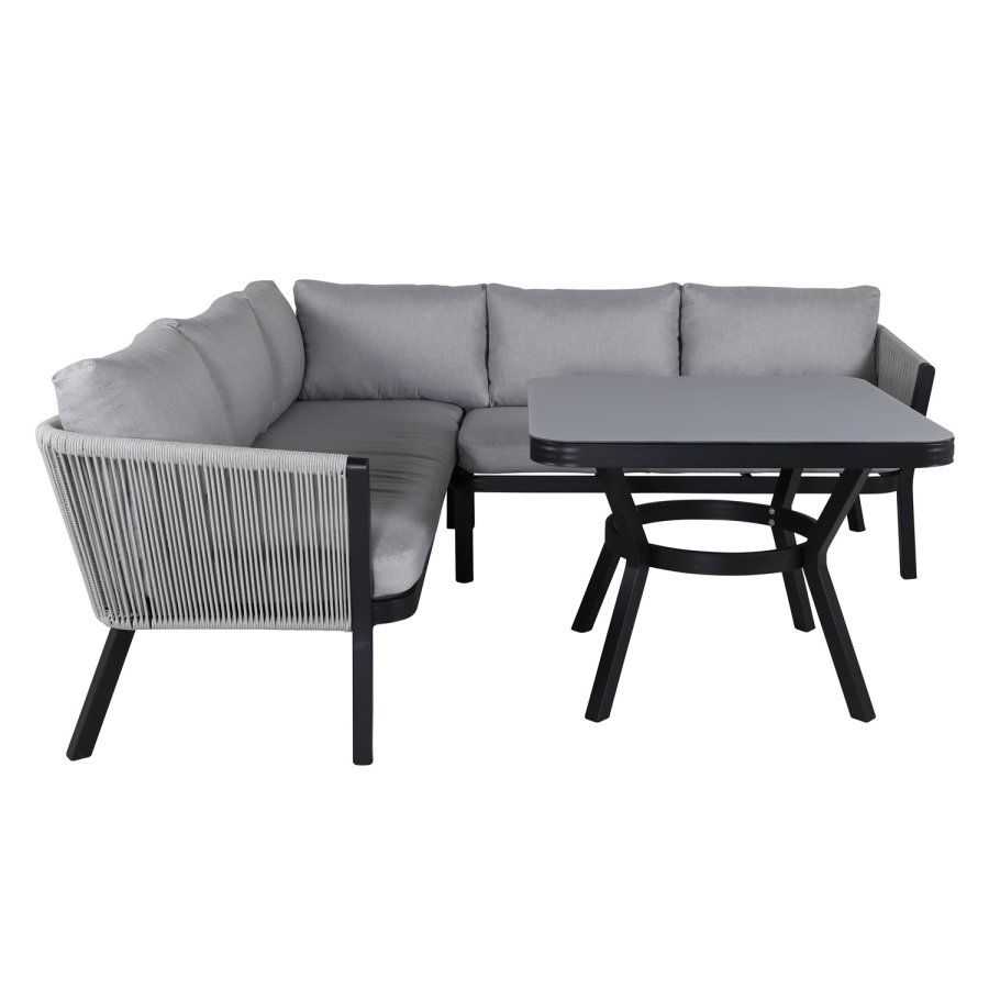 VENTURE DESIGN Virya hjrnesofasett - gr puter, glass, grtt tau og svart aluminium