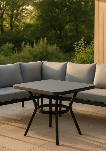 VENTURE DESIGN Virya Ecksofa-Set &ndash; graue Kissen, Glas, graues Seil und schwarzes Aluminium