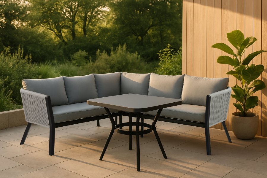 VENTURE DESIGN Virya Ecksofa-Set &ndash; graue Kissen, Glas, graues Seil und schwarzes Aluminium