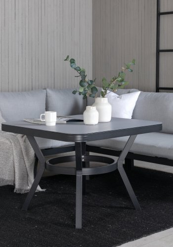 VENTURE DESIGN Virya Ecksofa-Set &ndash; graue Kissen, Glas, graues Seil und schwarzes Aluminium