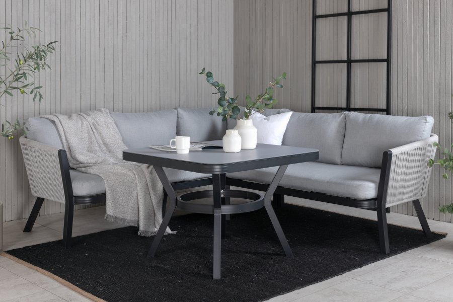 VENTURE DESIGN Virya Ecksofa-Set &ndash; graue Kissen, Glas, graues Seil und schwarzes Aluminium