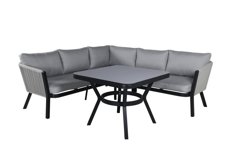 VENTURE DESIGN Virya Ecksofa-Set &ndash; graue Kissen, Glas, graues Seil und schwarzes Aluminium