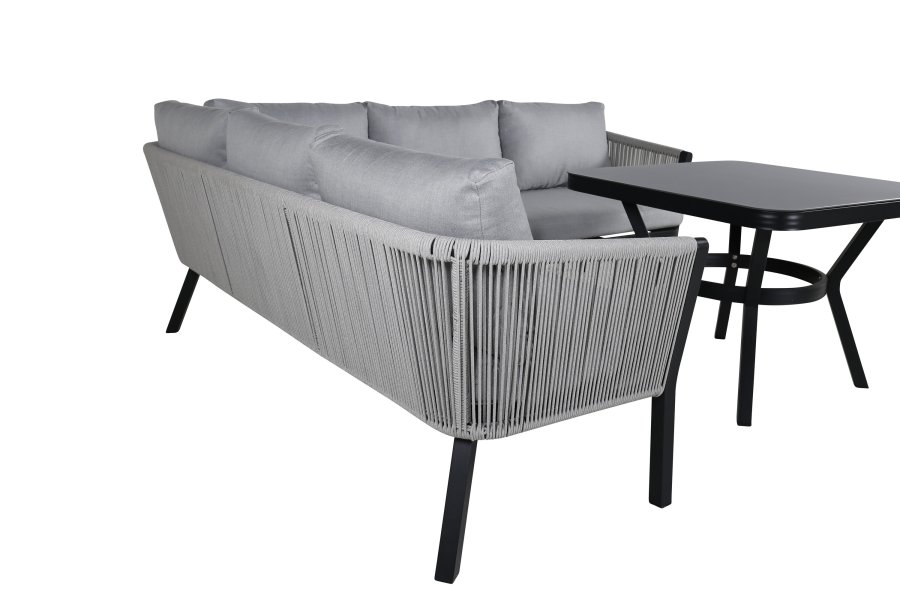 VENTURE DESIGN Virya Ecksofa-Set &ndash; graue Kissen, Glas, graues Seil und schwarzes Aluminium