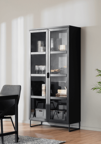 ROWICO Rektangulärt Everett Vitrinskp med 2 Glasdörrar och 3 Hyllplan - Svart Ek och Metall