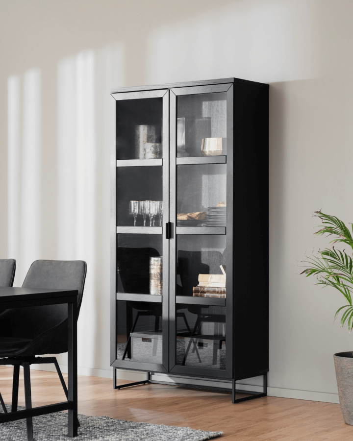 ROWICO Rektangulärt Everett Vitrinskp med 2 Glasdörrar och 3 Hyllplan - Svart Ek och Metall