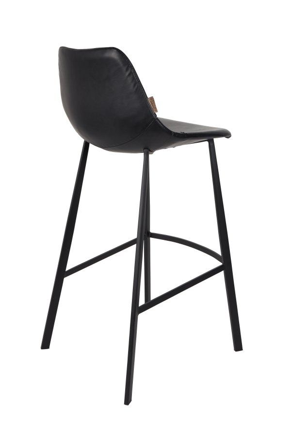 DUTCHBONE Franky Barhocker, mit Rückenlehne und Fußstütze – schwarzes PU und schwarzer Stahl (80 cm)