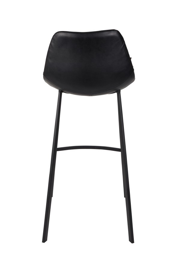 DUTCHBONE Franky Barhocker, mit Rückenlehne und Fußstütze – schwarzes PU und schwarzer Stahl (80 cm)