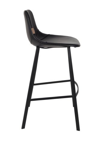DUTCHBONE Franky Barhocker, mit Rückenlehne und Fußstütze – schwarzes PU und schwarzer Stahl (80 cm)