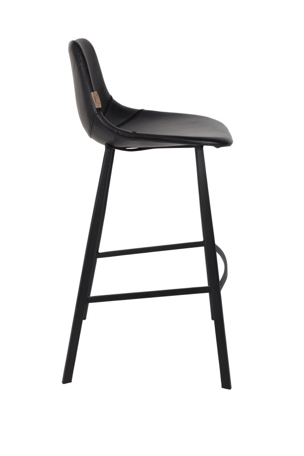DUTCHBONE Franky Barhocker, mit Rückenlehne und Fußstütze – schwarzes PU und schwarzer Stahl (80 cm)