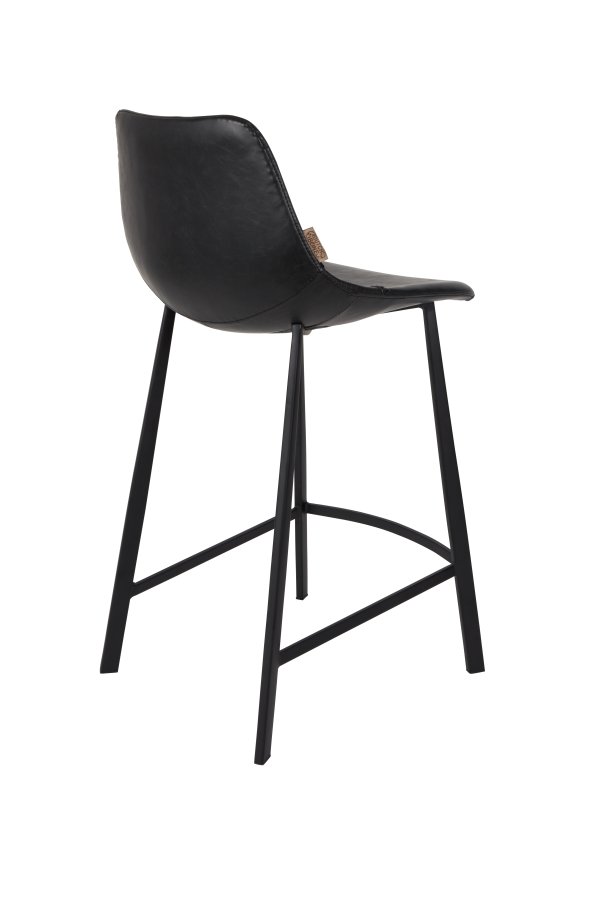DUTCHBONE Franky Barhocker, mit Rückenlehne und Fußstütze – schwarzes PU und schwarzer Stahl (65 cm)