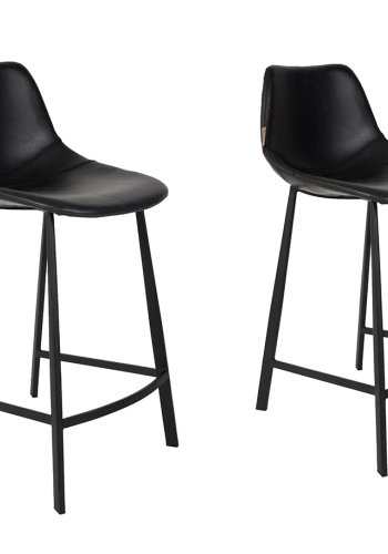 DUTCHBONE Franky Barhocker, mit Rückenlehne und Fußstütze – schwarzes PU und schwarzer Stahl (65 cm)