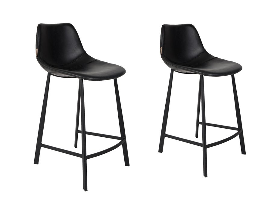 DUTCHBONE Franky Barhocker, mit Rückenlehne und Fußstütze – schwarzes PU und schwarzer Stahl (65 cm)