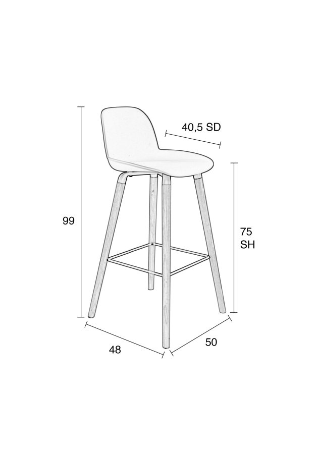ZUIVER Albert Kuip barkrakk, m ryggsttte og fotsttte - hvit polypropylen/naturlig ask (75cm)