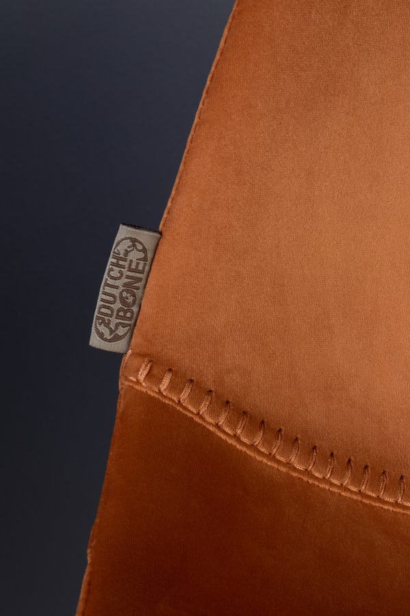 DUTCHBONE Franky Barhocker, mit Rückenlehne und Fußstütze – orangefarbener Samtstoff und schwarzer Stahl (80 cm)