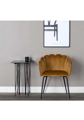 VENTURE DESIGN Limhamn spisebordsstol, med armlener - gul velour og sort metall