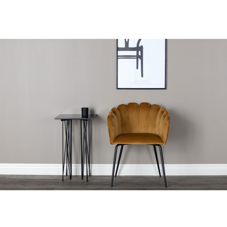 VENTURE DESIGN Limhamn spisebordsstol, med armlener - gul velour og sort metall