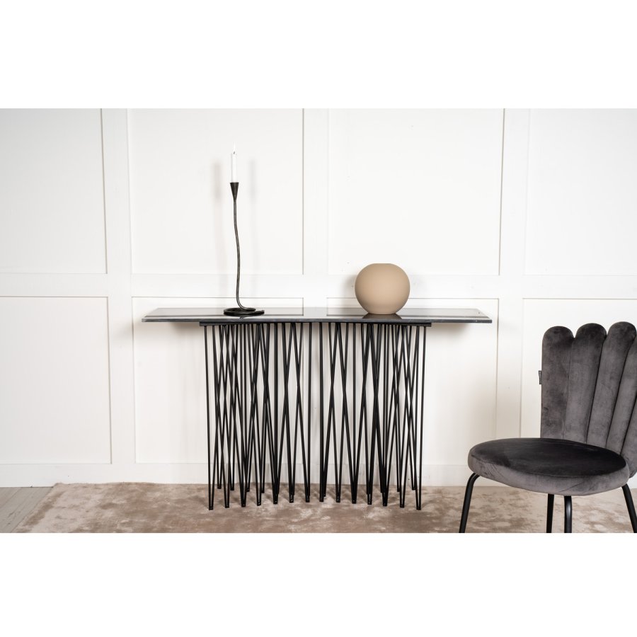 VENTURE DESIGN Hyt sidebord i stein, rektangulrt - svart kunststein og svart metall (130x37)