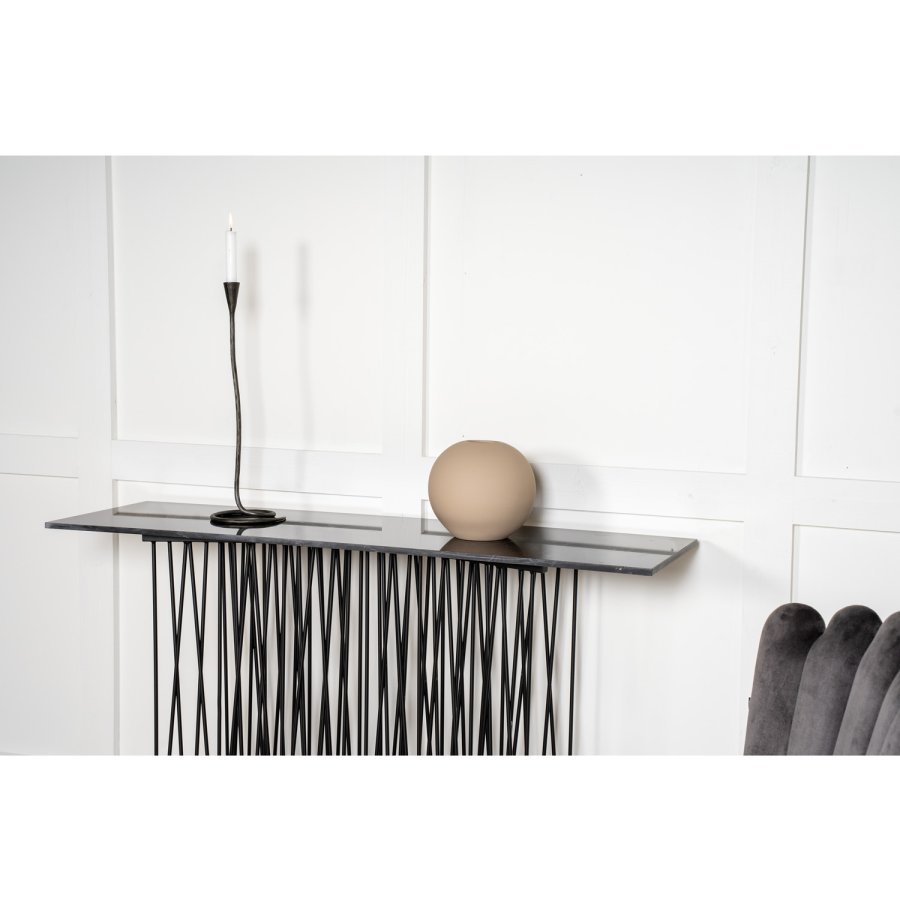 VENTURE DESIGN Hyt sidebord i stein, rektangulrt - svart kunststein og svart metall (130x37)