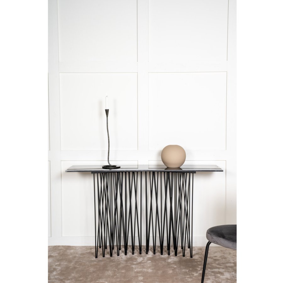 VENTURE DESIGN Hyt sidebord i stein, rektangulrt - svart kunststein og svart metall (130x37)